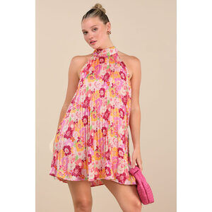 Lulus Ceslie Pink Multi Floral Pleated Shift Mini Dress - Size S